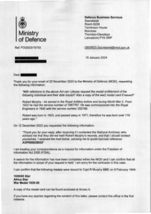 FOI2023_15753 - 有关勋章权利的信息以及皇家炮兵退伍军人的二战勋章卡副本